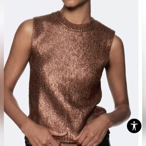 Zara Sleeveless Metallic Top With Rounded Neck | Bronze | Small
